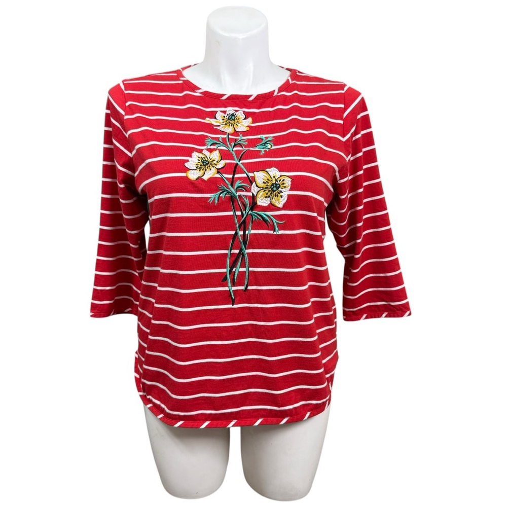 Bob Mackie Wearable Art Womens Striped Floral Embroidered Top Size Large